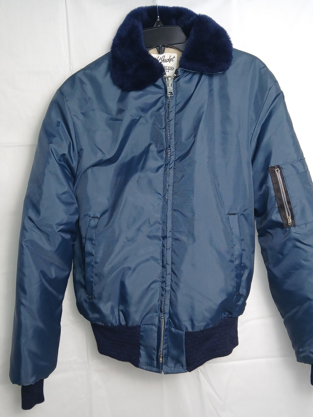 Nylon Bomber Jacket with Faux Fur Collar - Navy